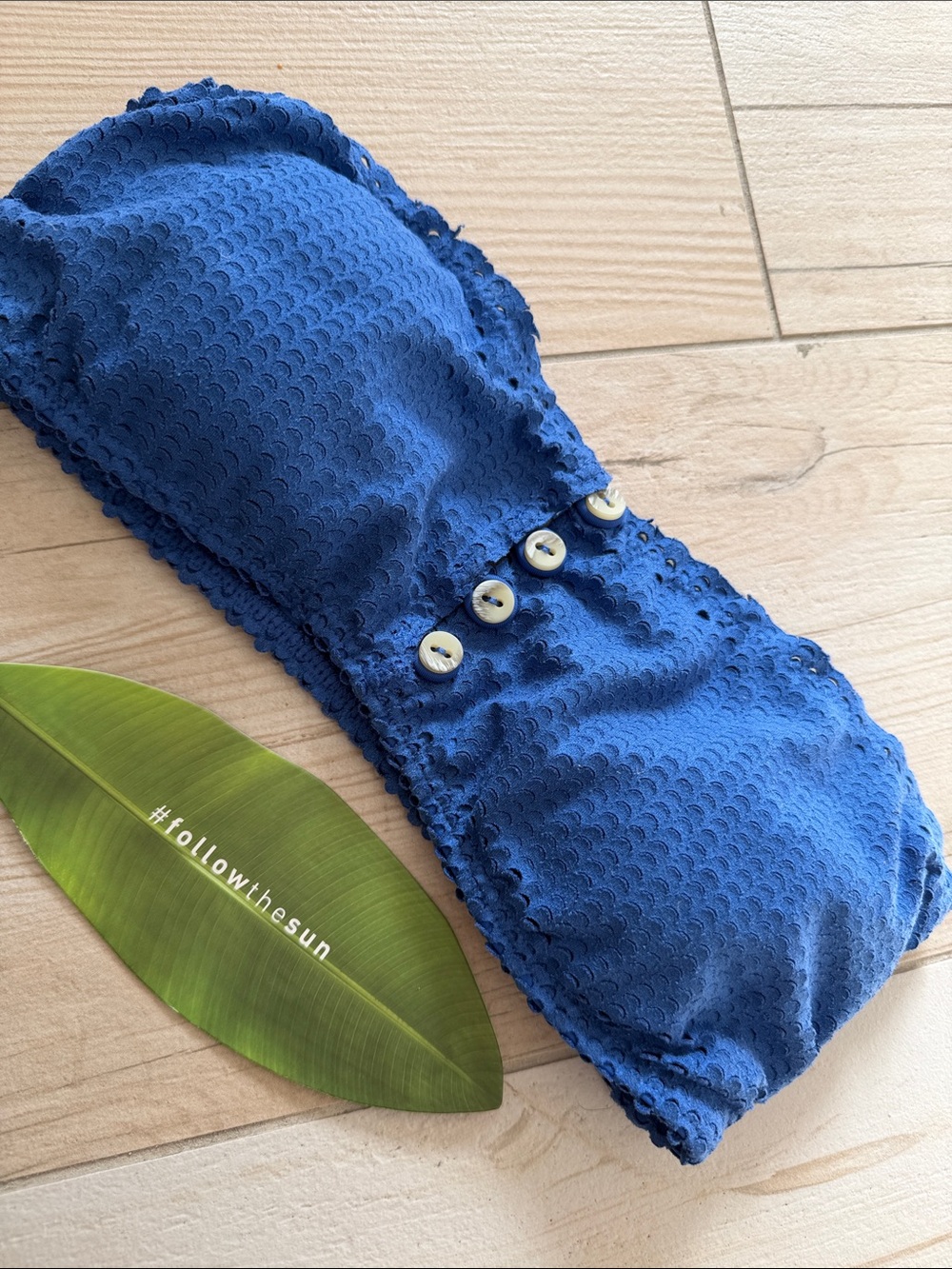 VIX Paula Hermanny Blue Textured Bandeau Bikini Top with Decorative Buttons